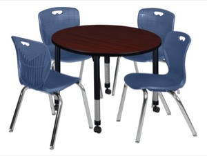 Kee 36" Round Height Adjustable Classroom Table  - Mahogany & 4 Andy 18-in Stack Chairs - Navy Blue