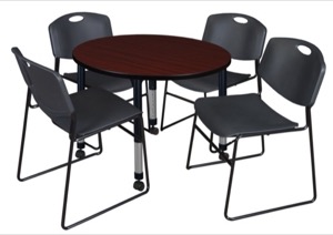 Kee 36" Round Height Adjustable Mobile Classroom Table  - Mahogany & 4 Zeng Stack Chairs - Black