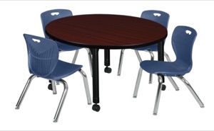 Kee 36" Round Height Adjustable Classroom Table  - Mahogany & 4 Andy 12-in Stack Chairs - Navy Blue
