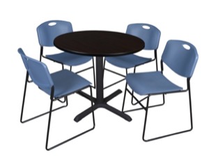 Cain 36" Round Breakroom Table - Mocha Walnut & 4 Zeng Stack Chairs - Blue
