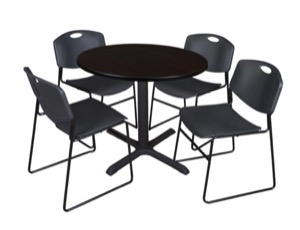 Cain 36" Round Breakroom Table - Mocha Walnut & 4 Zeng Stack Chairs - Black