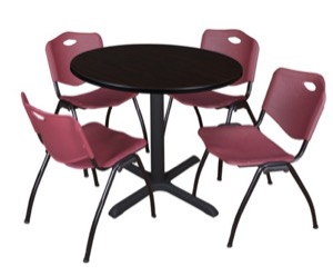 Cain 36" Round Breakroom Table - Mocha Walnut & 4 'M' Stack Chairs - Burgundy