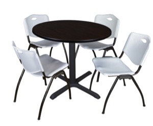 Cain 36" Round Breakroom Table - Mocha Walnut & 4 'M' Stack Chairs - Grey
