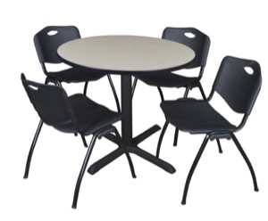 Cain 36" Round Breakroom Table - Maple & 4 'M' Stack Chairs - Black