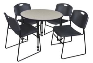 Kee 36" Round Height Adjustable Classroom Table  - Maple & 4 Zeng Stack Chairs - Black