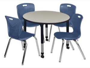 Kee 36" Round Height Adjustable Classroom Table  - Maple & 4 Andy 18-in Stack Chairs - Navy Blue