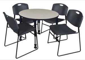 Kee 36" Round Height Adjustable Mobile Classroom Table  - Maple & 4 Zeng Stack Chairs - Black