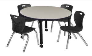 Kee 36" Round Height Adjustable Classroom Table  - Maple & 4 Andy 12-in Stack Chairs - Black
