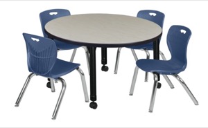 Kee 36" Round Height Adjustable Classroom Table  - Maple & 4 Andy 12-in Stack Chairs - Navy Blue