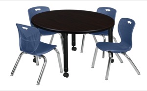Kee 42" Round Height Adjustable Classroom Table  - Mocha Walnut & 4 Andy 12-in Stack Chairs - Navy Blue
