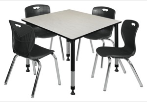 Kee 48" Square Height Adjustable Classroom Table  - Maple & 4 Andy 18-in Stack Chairs - Black