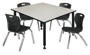 Kee 48" Square Height Adjustable Classroom Table  - Maple & 4 Andy 12-in Stack Chairs - Black