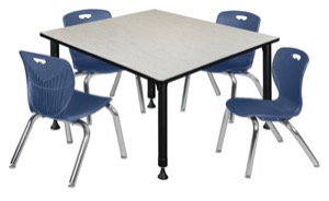 Kee 48" Square Height Adjustable Classroom Table  - Maple & 4 Andy 12-in Stack Chairs - Navy Blue