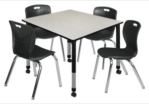 Kee 48" Square Height Adjustable Mobile Classroom Table  - Maple & 4 4 Andy 18-in Stack Chairs - Black