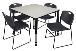 Kee 48" Square Height Adjustable Mobile Classroom Table  - Maple & 4 Zeng Stack Chairs - Black 