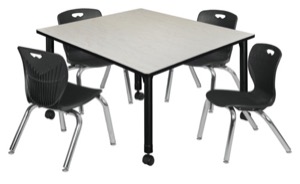 Kee 48" Square Height Adjustable Mobile Classroom Table  - Maple & 4 4 Andy 12-in Stack Chairs - Black