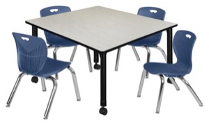 Kee 48" Square Height Adjustable Mobile Classroom Table  - Maple & 4 4 Andy 12-in Stack Chairs - Navy Blue