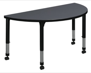 48" x 24" Half Round Height Adjustable Mobile  Classroom Table - Grey