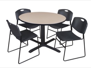 Cain 48" Round Breakroom Table - Beige & 4 Zeng Stack Chairs - Black