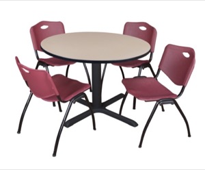 Cain 48" Round Breakroom Table - Beige & 4 'M' Stack Chairs - Burgundy