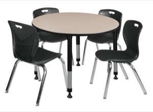 Kee 48" Round Height Adjustable Classroom Table  - Beige & 4 Andy 18-in Stack Chairs - Black 