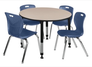 Kee 48" Round Height Adjustable Classroom Table  - Beige & 4 Andy 18-in Stack Chairs - Navy Blue 