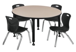 Kee 48" Round Height Adjustable Classroom Table  - Beige & 4 Andy 12-in Stack Chairs - Black 