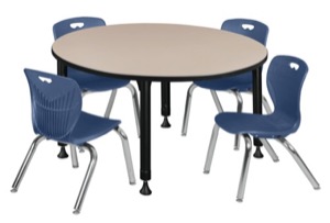 Kee 48" Round Height Adjustable Classroom Table  - Beige & 4 Andy 12-in Stack Chairs - Navy Blue 