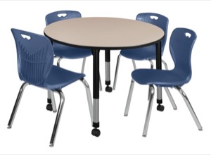 Kee 48" Round Height Adjustable Classroom Table  - Beige & 4 Andy 18-in Stack Chairs - Navy Blue 