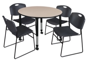 Kee 48" Round Height Adjustable Mobile  Classroom Table  - Beige & 4 Zeng Stack Chairs - Black 