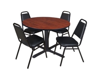 Cain 48" Round Breakroom Table - Cherry & 4 Restaurant Stack Chairs - Black