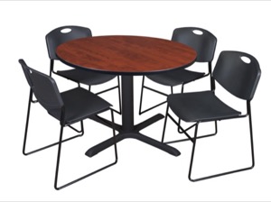 Cain 48" Round Breakroom Table - Cherry & 4 Zeng Stack Chairs - Black