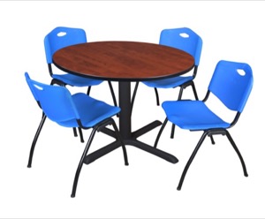 Cain 48" Round Breakroom Table - Cherry & 4 'M' Stack Chairs - Blue
