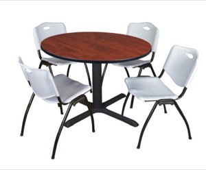 Cain 48" Round Breakroom Table - Cherry & 4 'M' Stack Chairs - Grey