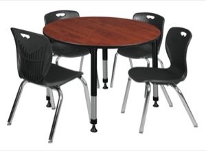 Kee 48" Round Height Adjustable Classroom Table  - Cherry & 4 Andy 18-in Stack Chairs - Black 