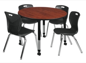 Kee 48" Round Height Adjustable Classroom Table  - Cherry & 4 Andy 18-in Stack Chairs - Black 