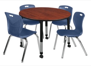 Kee 48" Round Height Adjustable Classroom Table  - Cherry & 4 Andy 18-in Stack Chairs - Navy Blue 