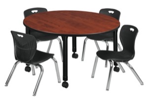 Kee 48" Round Height Adjustable Classroom Table  - Cherry & 4 Andy 12-in Stack Chairs - Black 