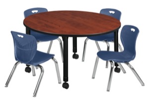 Kee 48" Round Height Adjustable Classroom Table  - Cherry & 4 Andy 12-in Stack Chairs - Navy Blue 