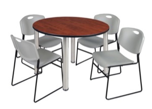 Kee 48" Round Breakroom Table - Cherry/ Chrome & 4 Zeng Stack Chairs - Grey