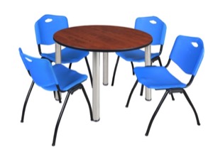 Kee 48" Round Breakroom Table - Cherry/ Chrome & 4 'M' Stack Chairs - Blue