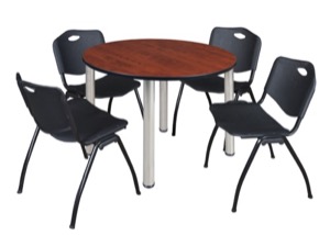 Kee 48" Round Breakroom Table - Cherry/ Chrome & 4 'M' Stack Chairs - Black