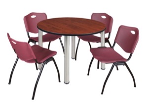 Kee 48" Round Breakroom Table - Cherry/ Chrome & 4 'M' Stack Chairs - Burgundy