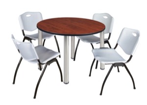 Kee 48" Round Breakroom Table - Cherry/ Chrome & 4 'M' Stack Chairs - Grey