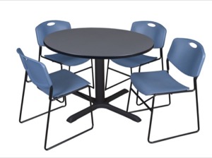 Cain 48" Round Breakroom Table - Grey & 4 Zeng Stack Chairs - Blue