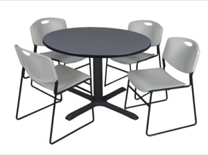 Cain 48" Round Breakroom Table - Grey & 4 Zeng Stack Chairs - Grey