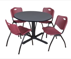 Cain 48" Round Breakroom Table - Grey & 4 'M' Stack Chairs - Burgundy