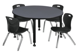 Kee 48" Round Height Adjustable Classroom Table  - Grey & 4 Andy 12-in Stack Chairs - Black