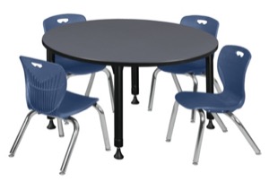 Kee 48" Round Height Adjustable Classroom Table  - Grey & 4 Andy 12-in Stack Chairs - Navy Blue