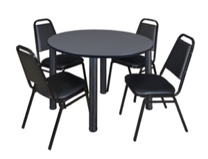 Kee 48" Round Breakroom Table - Grey/ Black & 4 Restaurant Stack Chairs - Black